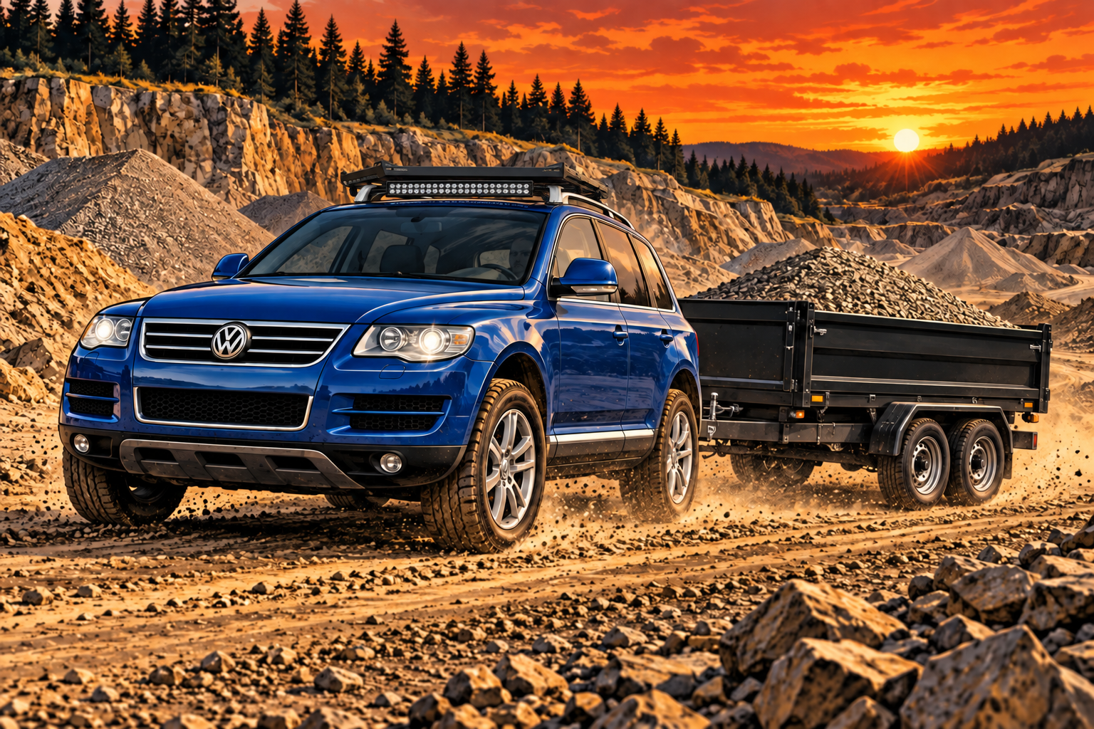 Modrý Volkswagen Touareg s dvounápravovým sklápěcím přívěsem při dovozu štěrku