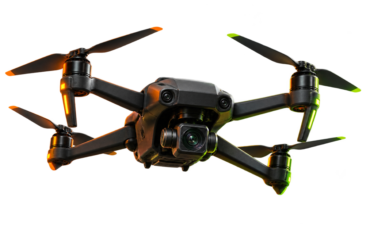 Černý dron s kamerou pro letecké fotografie a video